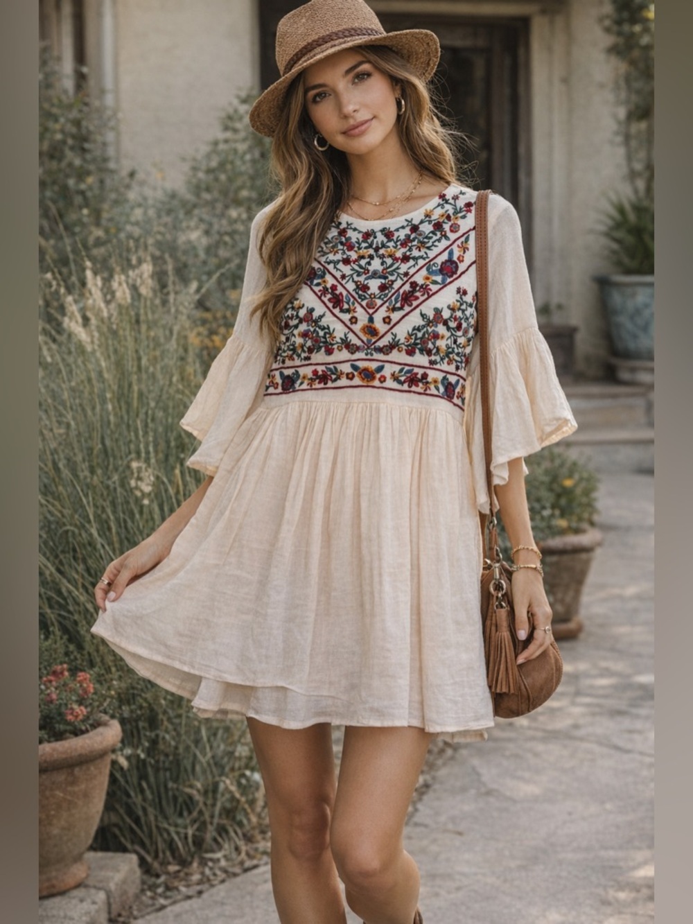 Umgee Embroidered Boho Mini Dress Cream Floral Bell Sleeve S